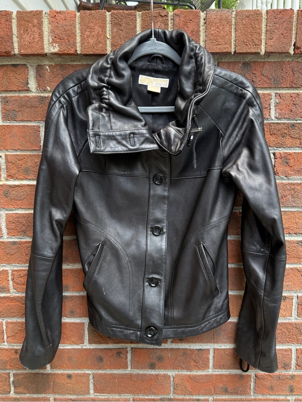 Michael Kors Black Real Leather Funnel Neck Biker Jacket Size 6 Small Medium